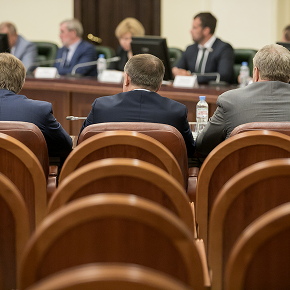 county government meeting with people in suits sitting in brown chairs