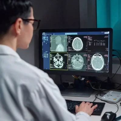Vip medical desktop with man working at computer