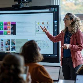 Teacher pointing at a board in a classroom full of kids